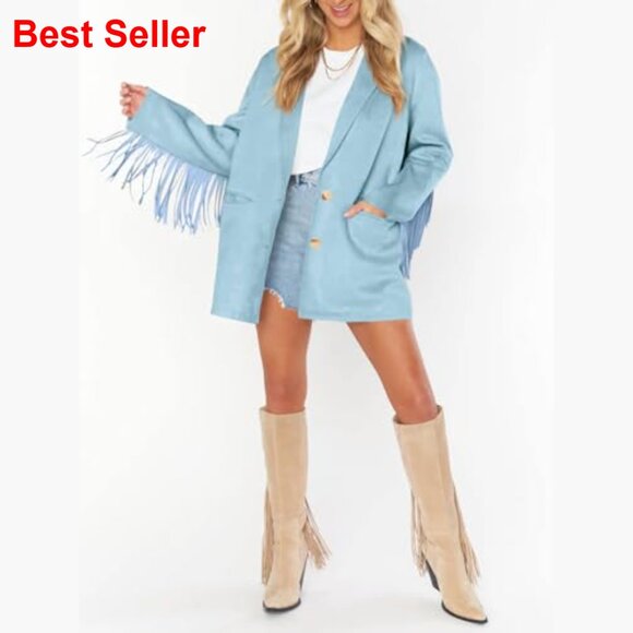 Faux Suede Fringe Blazer Jacket with Lapel Collar Button Front - Picture 4 of 7